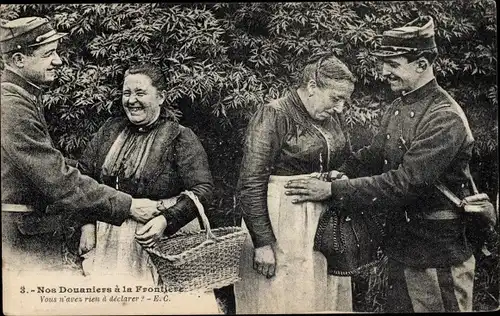 Ak Nos Douaniers a la Frontiere, Französischer Soldat mit einer älteren Frau, Korb