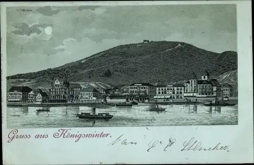 Mondschein Litho Königswinter im Rhein Sieg Kreis, Blick über den Fluss zum Ort, Boote, Zieher