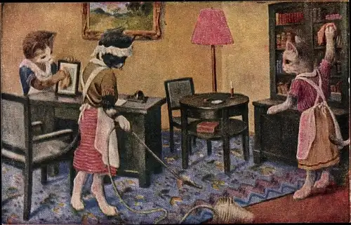 Foto Ak Vermenschlichte Katzen beim Hausputz, Dienstmädchen, Putzfrauen