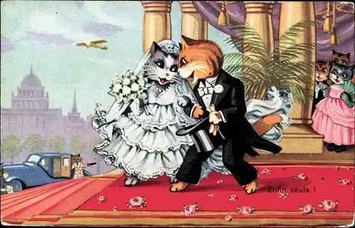 Ak Katzenpaar feiert Hochzeit, Weg ins Brautauto, vermenschlichte Katzen