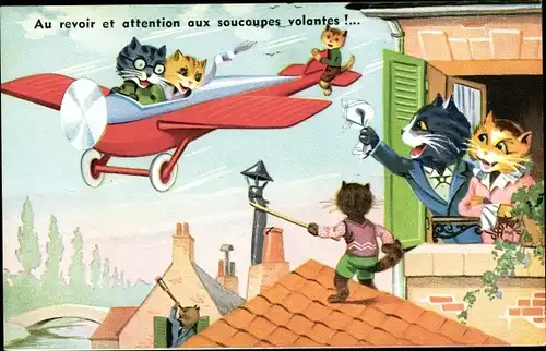 Ak Au revoir et attention aux soucoupes volantes, vermenschlichte Katzen, Flugzeug