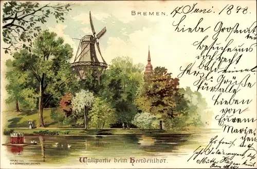 Litho Hansestadt Bremen, Wallpartie am Herdentor, Wasser, Windmühle, Bäume