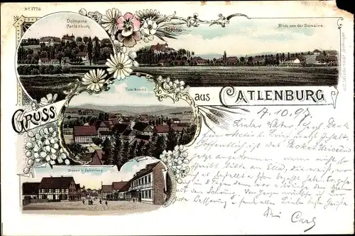 Litho Katlenburg Lindau in Niedersachsen, Ort v. d. Domäne gesehen, Totale, Straßenpartie