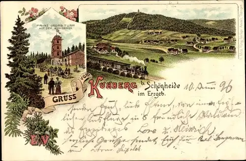 Litho Schönheide im Erzgebirge Sachsen, Gruß vom Kuhberg, Prinz Georg Turm, Neuheide