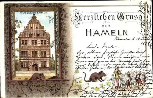Litho Hameln an der Weser Niedersachsen, Rattenfängerhaus, Rattenfänger, Kinder, Ratten