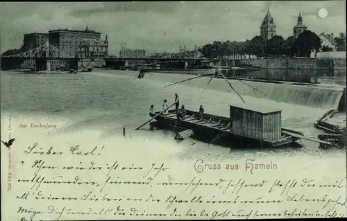 Mondschein Ak Hameln, Am Luchsfang, Boot, Fluss, Brücke