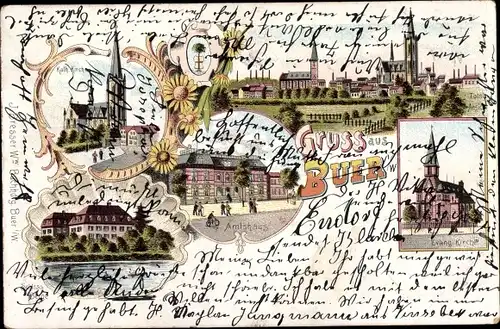 Litho Buer in Westfalen Gelsenkirchen Ruhrgebiet, Kath. Kirche, Amtshaus, Ev. Kirche