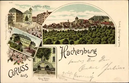 Litho Hachenburg im Westerwald, Marktplatz, Kirche, Kaiser Wilhelm Denkmal, Schloss