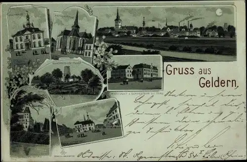 Vorläufer Mondschein Litho Geldern am Niederrhein, Stadthaus, Katharinenkirche, Großer Markt