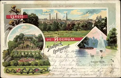 Litho Bochum im Ruhrgebiet, Stadtpark Restaurant, Großer Teich, Panorama vom Park gesehen