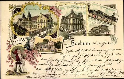 Litho Bochum im Ruhrgebiet, Ev. Vereinshaus, Post, Schützenhof, Turnhalle, Zwerge