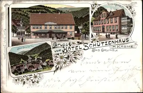 Litho Bad Grund im Harz, Hotel Schützenhaus, Villa Krome, Gasthof zum Schützenhaus, Panorama vom Ort