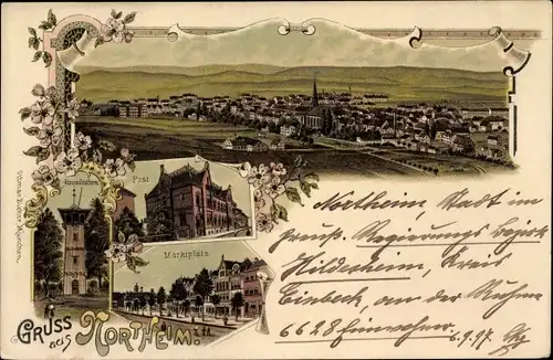 Litho Northeim in Niedersachsen, Gesamtansicht, Aussichtsturm, Marktplatz, Post