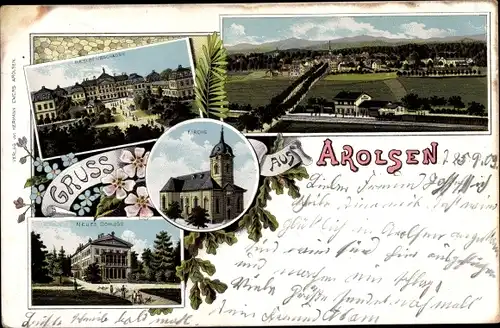 Litho Bad Arolsen in Hessen, Kirche, Blick auf den Ort, Schloss