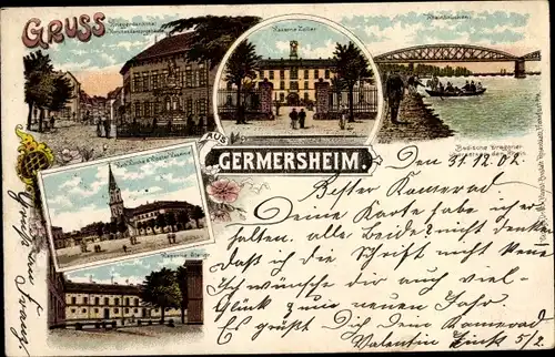 Litho Germersheim am Rhein, Kriegerdenkmal, Kaserne Zoller, Rheinbrücken, Kloster-Kaserne