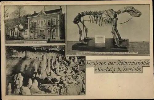 Ak Sundwig Hemer im Sauerland, Heinrichshöhle, Restaurant zum Felsenmeer, Höhlenbärenskelett