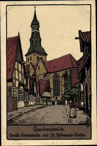 Steindruck Ak Quakenbrück in Niedersachsen, Große Kirchstraße, St. Sylvester-Kirche