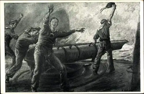 Künstler Ak Roloff, O., Ein Volltreffer, Matrosen am Torpedogeschütz
