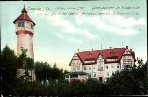 Ak Glauchau in Sachsen, König Georg Stift, Genesungsheim im Rümpfwald, Außenansicht, Turm