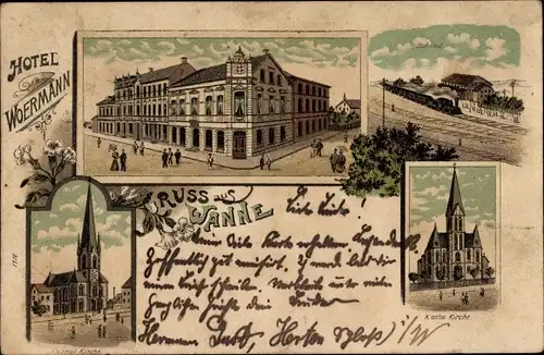 Litho Wanne Herne im Ruhrgebiet, Hotel Woermann, kath. Kirche, Bahnhof Gleisansicht