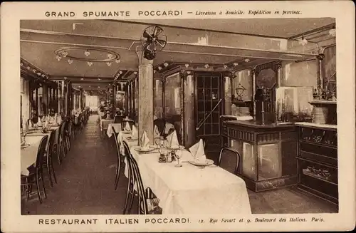 Ak Paris II., Restaurant Italien Poccardi, Rue Favart, Boulevard des Italiens, Innenansicht
