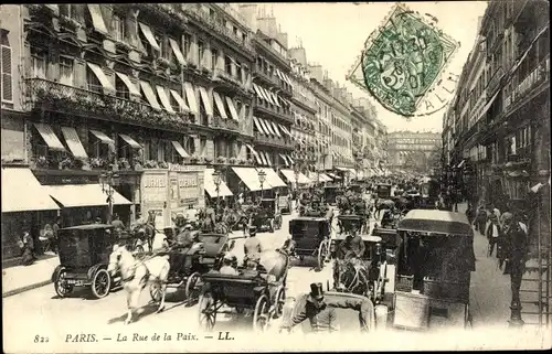 Ak Paris II., La Rue de la Paix, Kutschen, Geschäfte, Passanten