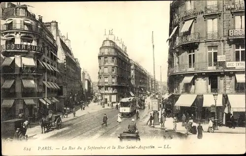 Ak Paris II., La Rue du 4 Septrembre et la Rue Saint Augustin, Straßenbahn