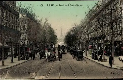 Ak Paris V., Boulevard Saint Michel, caleches, Pferdebahn