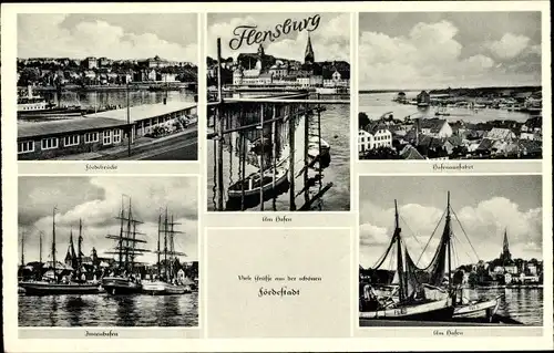 Ak Flensburg, Blick auf den Hafen und die Fördebrücke