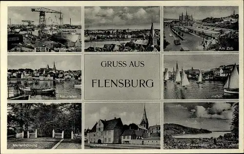 Ak Flensburg in Schleswig Holstein, Schiffswerft, Kran, Hafen, Hafenamt, Marienhölzung
