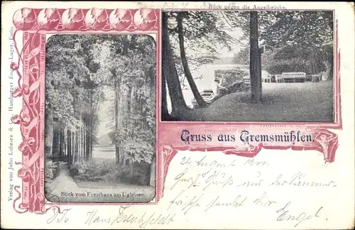 Ak Gremsmühlen Malente in Ostholstein, Blick vom Forsthaus am Ugleisee, Angelbrücke