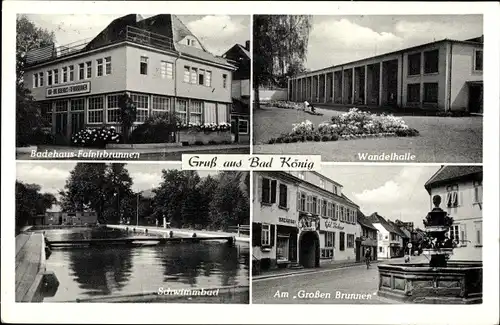 Ak Bad König im Odenwald Hessen Badehaus Fafnirbrunnen Wandelhalle Schwimmbad Großer Brunnen