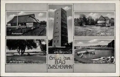 Ak Bad Zwischenahn in Oldenburg, Badeanstalt, Wasserturm, Fährhaus, Strandpark, Bootshafen