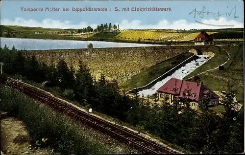 Ak Malter Dippoldiswalde im Osterzgebirge, Talsperre mit Elektritzitätswerk, Bahnschienen