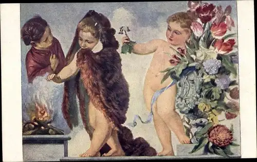 Künstler Ak Manes, J., L'hiver et printemp, Blumen, Lagerfeuer