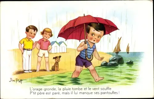 Künstler Ak Patt, J., Regnerisches Wetter, Strand, Kinder, Hund, regenschirm