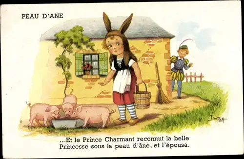Künstler Ak Patt, J., Bauernmädchen füttert Schweine, Prinz, Besen, Bauernhof
