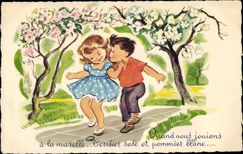 Ak Liebespaar im Park, Blühende Bäume