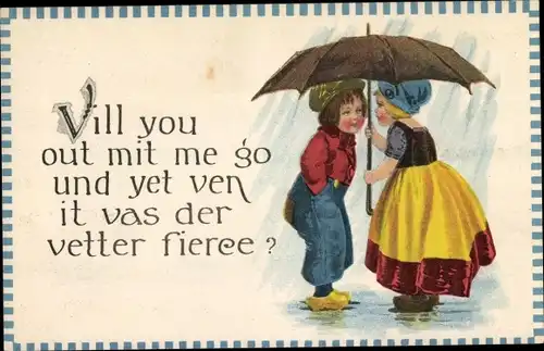 Ak Mädchen in niederländischer Tracht unter einem Regenschirm, Regnerisches Wetter