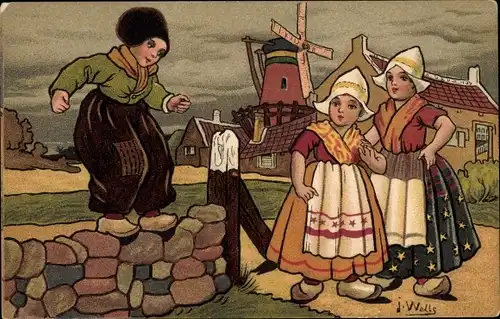 Künstler Litho Wells, J., Niederländische Trachten, Kinder, Windmühle