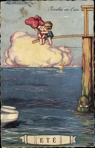 Künstler Ak Liebespaar, Steg, Kuss, Paroles en l'air