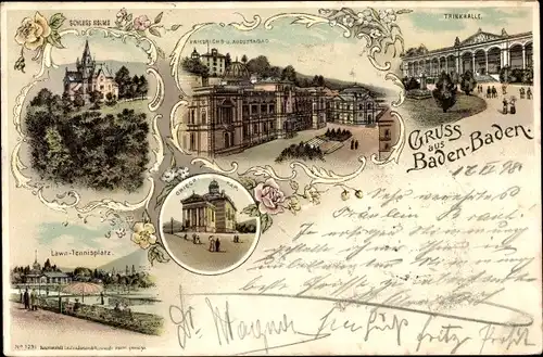 Litho Baden Baden am Schwarzwald, Trinkhalle, Schloss Solms, Tennisplatz, Griechische Kapelle, Bäder