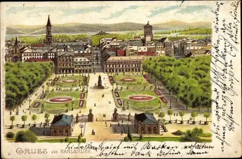 Litho Karlsruhe in Baden, Blick vom Schlosse, Parkanlage, Brunnen