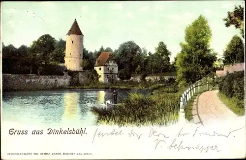 Ak Dinkelsbühl in Mittelfranken, Wasserpartie, Weg, Turm