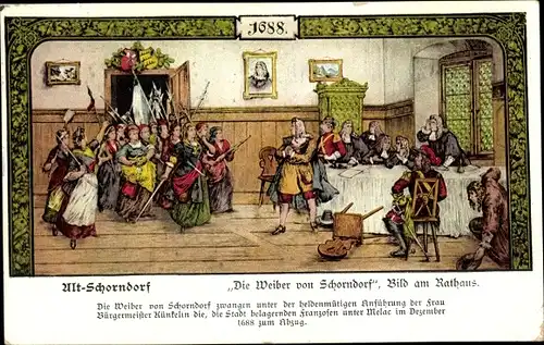 Künstler Ak Schorndorf in Württemberg, Die Weiber von Schorndorf 1688, Bild am Rathaus
