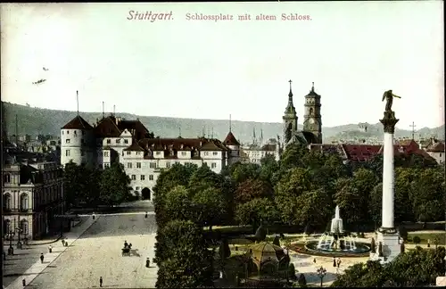 Ak Stuttgart in Baden Württemberg, Schlossplatz mit altem Schloss, Denkmal