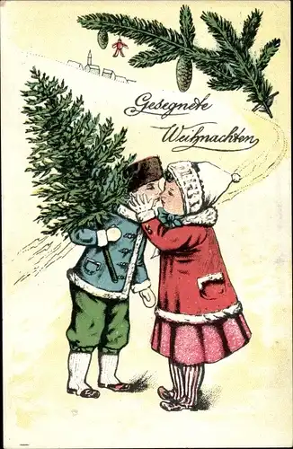 Ak Glückwunsch Weihnachten, Mädchen küsst Jungen, Tannenbaum