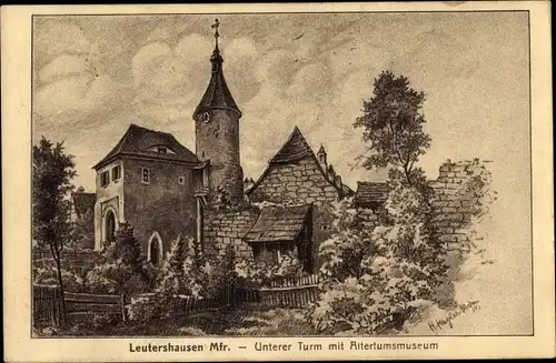 Künstler Ak Leutershausen an der Altmühl Mittelfranken, Unterer Turm mit Altertumsmuseum