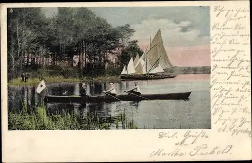 Ak Berlin Köpenick Grünau, Bootsfahrt, Ruderer, Segelboote