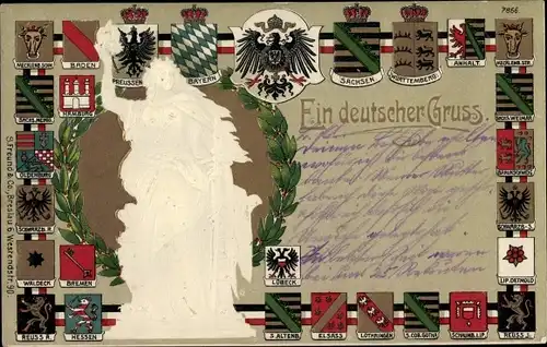 Präge Wappen Litho Ein deutscher Gruß, Landeswappen, Germania